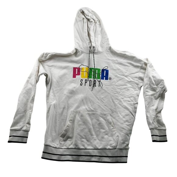 Puma Womens Hoodie Sweatshirt Medium Pullover Graphic Print White Drawstring - Picture 1 of 16